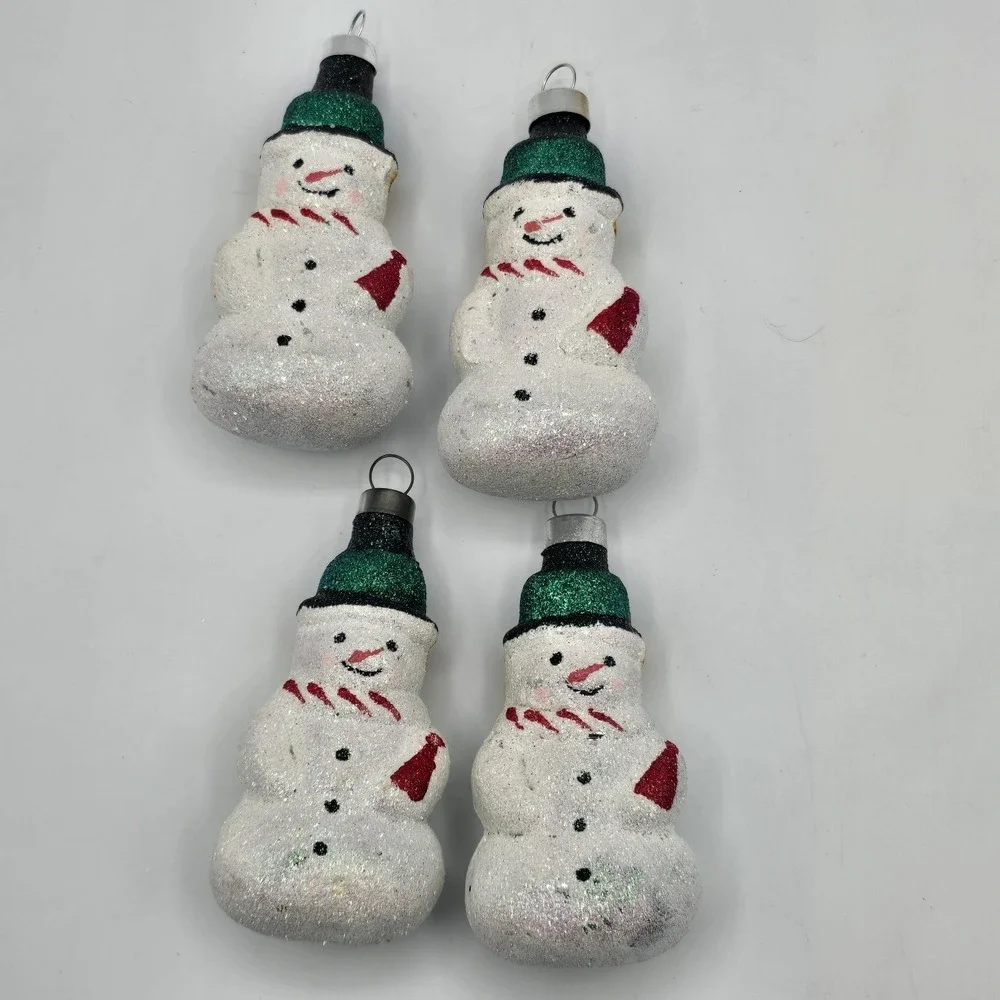 Glass Glitter Snowmen Christmas Ornaments White - Set Of 4 Vtg 90s